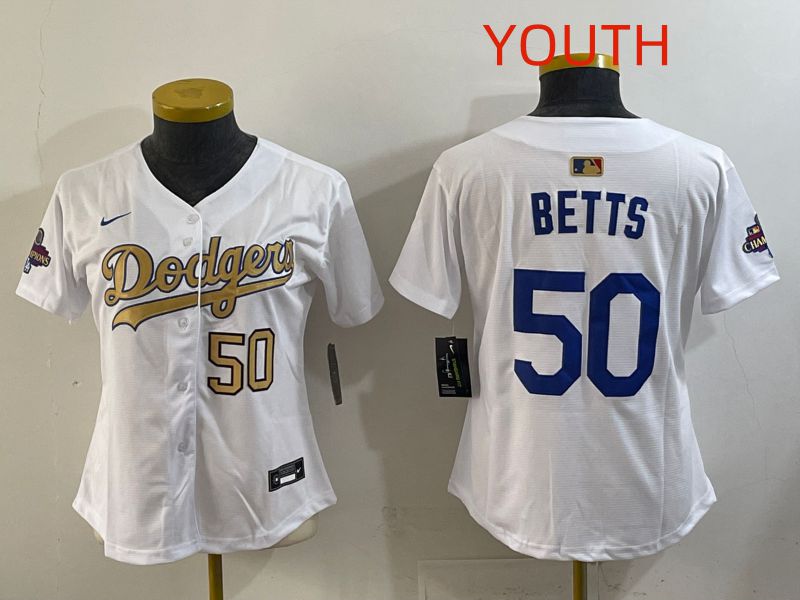 Youth Los Angeles Dodgers #50 Betts White Champion edition Nike MLB Jersey style 004